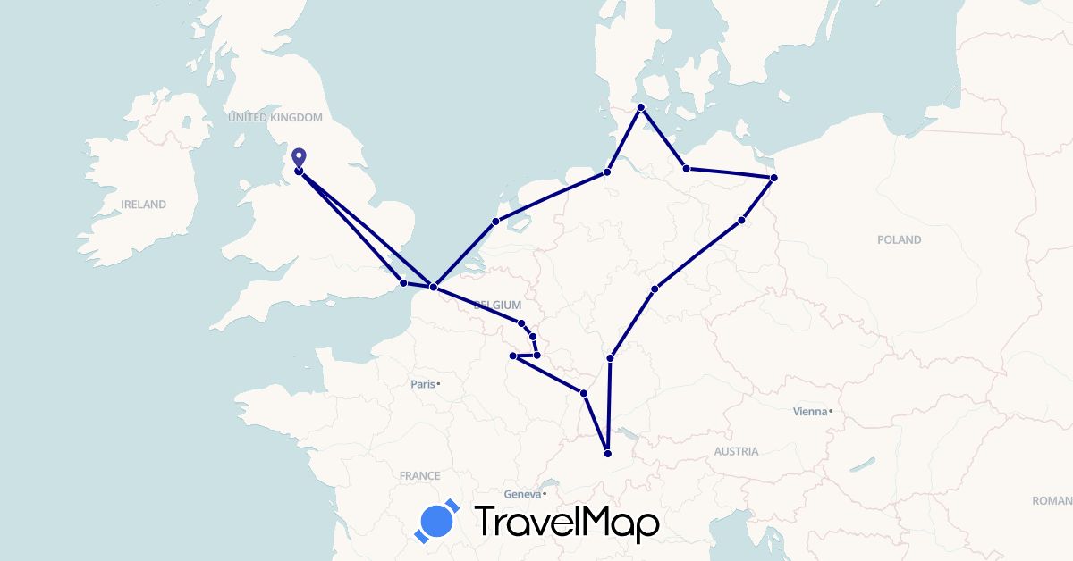 TravelMap itinerary: driving in Belgium, Switzerland, Germany, Denmark, France, United Kingdom, Luxembourg, Netherlands, Poland (Europe)
